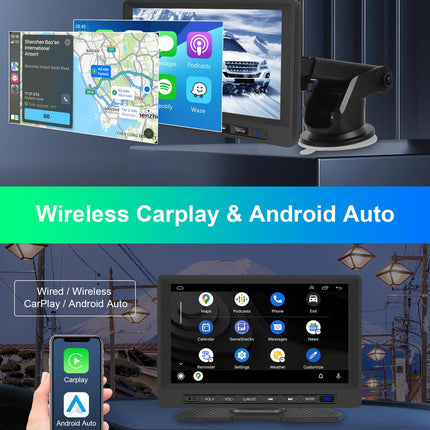 Podofo juhtmevaba Carplay autostereo Android Auto, 7-tolline HD puuteekraan, kaasaskantav Carplay ekraan Bluetoothiga, Mirror Link, SWC, USB/TF-port, iminapaga alus/sigaretisüütaja sõidukitele
