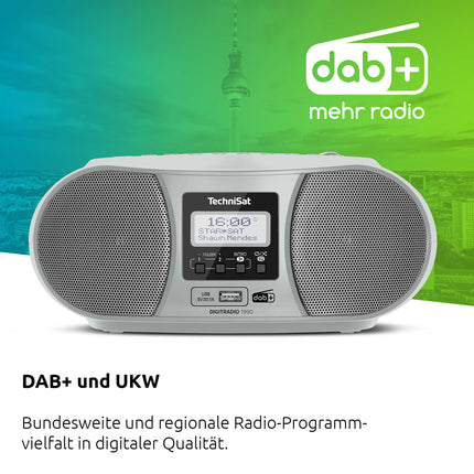 TechniSat DIGITRADIO 1990 - Stereo Boombox with DAB+/FM Radio and CD Player (Bluetooth Audio Streaming, Headphone Jack, USB, AUX In, Charging Function, Clock, 2 x 1.5 Watt Output Power) Silver