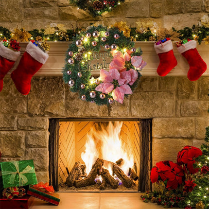 Christmas wreath for the front door with poinsettia, pine cones, pre-lit artificial Christmas wreath for hanging, Christmas wreath for the front door with LED lights, hanging (blue)