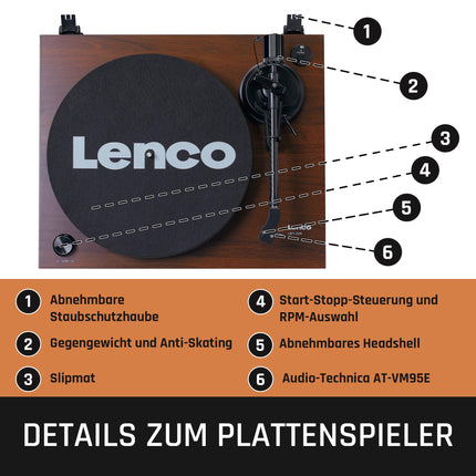 Lenco LBT-225WA - rihmülekandega, Bluetooth®-iga ja libisemisvastase klaasist plaadimängijaga - tumepruun