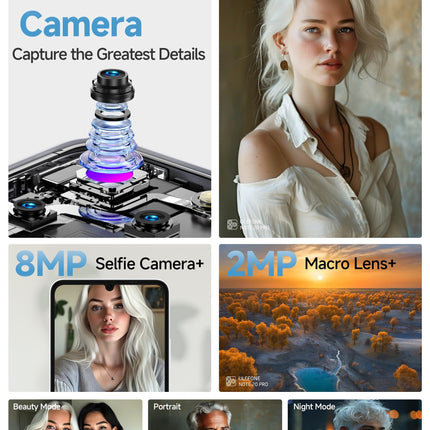 Ulefone Note 20 Pro mobiiltelefon Android 14, 8 GB RAM + 256 GB ROM / SD-1TB, 50MP + 8MP kaamera Octa Core 6.75" HD+ Widevine L1, 6000mAh aku, Dual SIM 4G nutitelefon ilma lepinguta Face ID/Sõrmejäljelugeja/GPS/OTG must