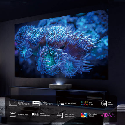 Hisense PL1 Laser Cinema 80-120-tolline laserprojektor, ülilühike projektsioon, 4K, UHD, HDR, kolmekordne tuuner, lasertehnoloogia, Smart OS, HDMI 2.1, Dolby Atmos, VIDAA U6, antratsiithall (ilma ekraanita)