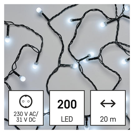 EMOS LED-valguskett kirsi värvi külmvalge sise- ja välistingimustes kasutamiseks, 20 m pikkune jõuluvalguskett 200 pallikujulise LED-iga, läbimõõduga 1 cm, 8 valgusrežiimi, toiteallikas ja trafo, pidudeks, jõuludeks, kaunistuseks