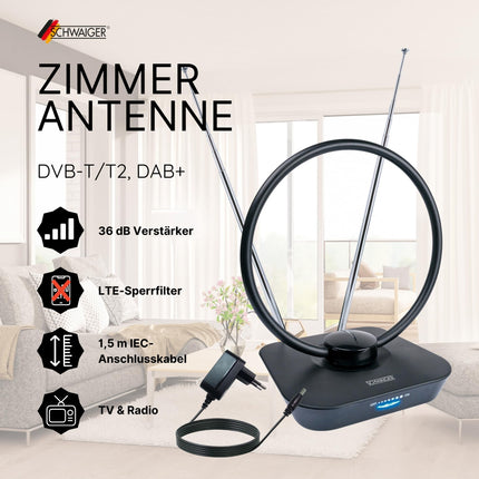 SCHWAIGER DVBT2 antenn, TV siseantenn võimendiga, 36dB siseantenn, aktiivse vastuvõtuga TV DVB-T DVB-T2 DAB+ teleskoopantenn, LTE blokeeriv filter, 1,5 m ühenduskaabel, HDTV HD digitaalne