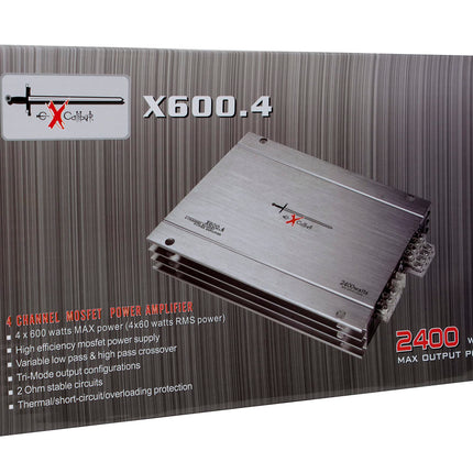 Excalibur X600.4 - autovõimendi 4 kanaliga - 4x 600-vatine Mosfet HiFi autovõimendi bassivõimendiga - maksimaalselt 2400 vatti - 2 oomi muudetava sagedusjaotusega, hõbedane