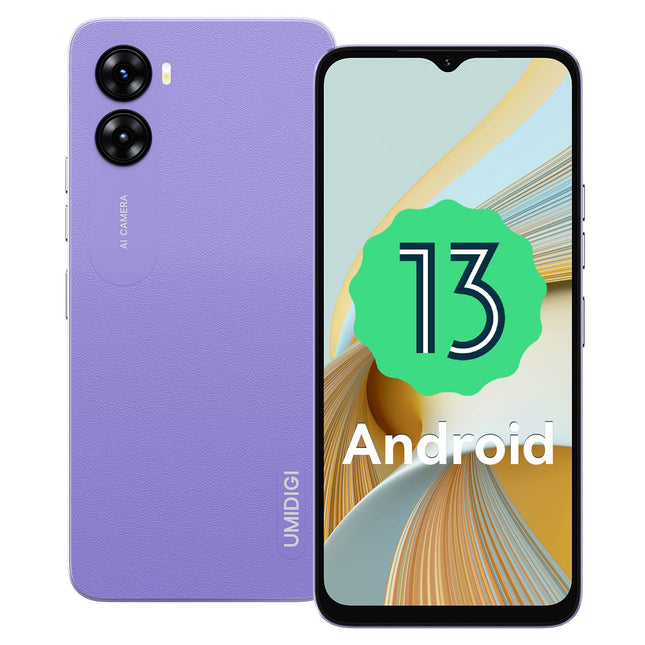 UMIDIGI G3 Plus lepinguta nutitelefon (2023), Android 13 mobiiltelefon, 8 GB + 128 GB/1 TB SIM-kaardita mobiiltelefonid, 6,52" HD+ ekraan, 5150 mAh, 13 MP, 4G kahe SIM-kaardiga koolilaste mobiiltelefon/näotuvastuse/sõrmejälje/OTG/GPS (lilla)