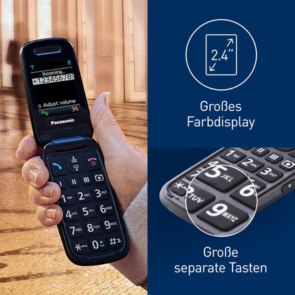 Panasonic KX-TU446EXB seenioridele mõeldud lepinguta mobiiltelefon (SOS-hädaabikõne nupp, põrutuskindel, häälevõimendi, suured eraldi klahvid, suur fondi ja numbrite ekraan, valgus, 2,4-tolline värviline ekraan, klapiga telefon, must)