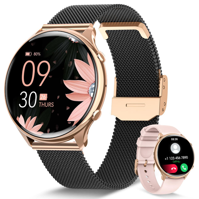 RUXINGX Smartwatch Women with Phone Function, HD Full Touchscreen, Fitness Tracker with 120 Sports SpO2 Heart Rate Monitor Sleep Monitor Menstrual Cycle, Wristwatch for iOS Android Black Rose Gold