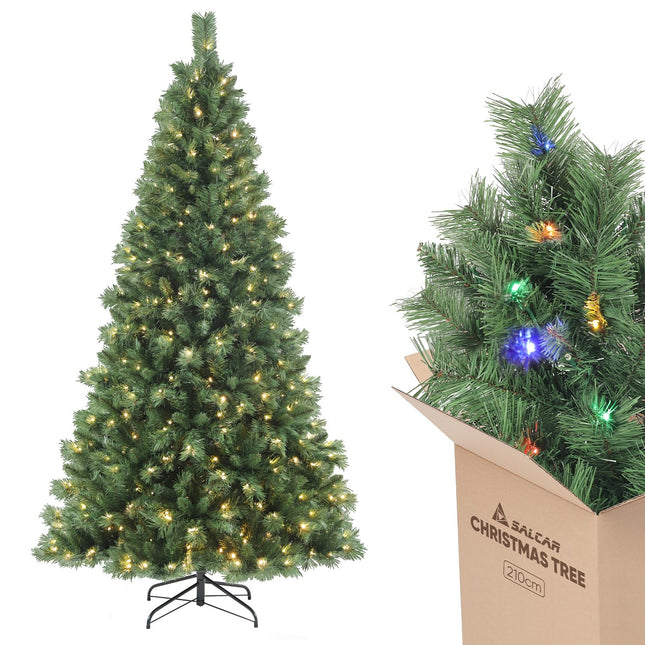 SALCAR kunstkuusk 2,1 m valgustusega, Nordmanni kuusk sooja valge ja RGB LED-ketiga - 9 režiimi ja puldiga, PVC jõulukuusk