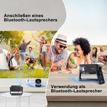 Beamer 【360° Drehbarem Ständer & Auto Keystone & E-Fokus】 FHD 1080P 23000LM mini Beamer mit WiFi6 und Bluetooth 5.2,70% Zoom ONOAYO abnehmbar Outdoor Heimkino Beamer Kompatibel mit Handy,PC,TV-Sticks