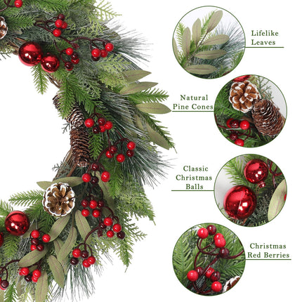 Weldomcor 60CM Christmas Wreath Door Wreath, Large Christmas Garland Fir Wreath with Christmas Balls Pine Cones Berry for Front Door Fireplace Wall Decoration