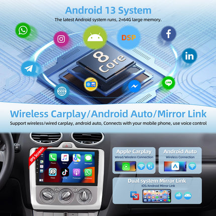 Podofo autoraadio Ford Focusele 2004 2005 2006 2007 2008 2009 2010 2011 koos juhtmevaba Carplayga, Android Auto 2+64G, 9-tolline Android 13 raadio, IPS-ekraan, Bluetooth 5.0, WiFi, GPS, RDS + mikrofon