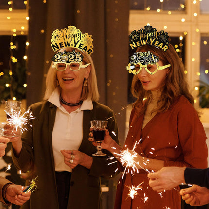 DPKOW Black Gold Silver New Year's Eve Decoration 2025 New Year's Eve Decoration Accessories New Year's Eve Party Hats Happy New Year Headband New Year's Eve Glasses Silicone Bracelet Horns for Decoration New Year's Eve Party 2025