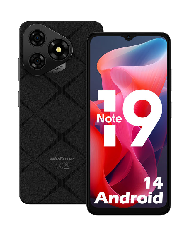 Ulefone Note 19 Android 14 mobiiltelefon, 6GB RAM+32GB ROM/SD-512GB, 6.56" HD+ Octa Core, 5000mAh aku, 8MP+5MP kaamera, nutitelefon ilma lepinguta, kolm kaardipesa, kahe SIM-kaardi pesa, 4G/Face ID/GPS/OTG/FM, must