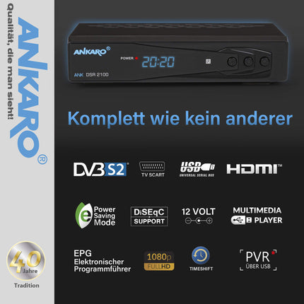 ANKARO DSR 2100 digitaalne Full HD 1080p satelliitvastuvõtja must USB-meediapleieri, salvestusfunktsiooni ja ajanihke/HDMI/SCART/LED-ekraaniga / 12V toiteallikaga, ideaalne telkimiseks