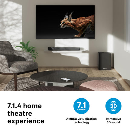 Sennheiser AMBEO Soundbar Mini – Kaasahaarav 3D-heli teleri, filmide ja muusika jaoks – Kompaktne seade võimsate adaptiivsete funktsioonide ja mitmekülgse ühenduvusega