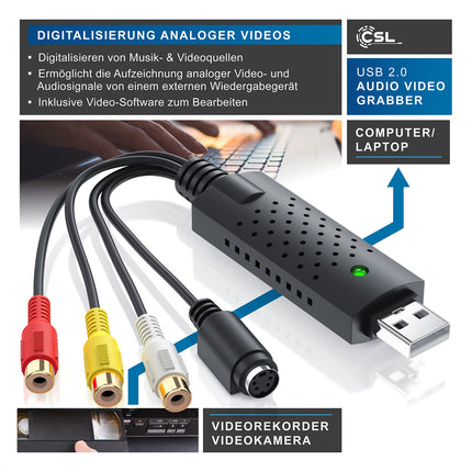 CSL - USB 2.0 Audio Video Grabber - Uus tarkvara, Windows 11-ga ühilduv - VHS - videoadapter monteerimiseks ja järeltöötluseks - kullatud kontaktid
