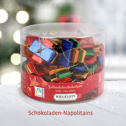 Riegelein Napolitains 282g – 88 väikest šokolaaditahvlit – Fairtrade sertifitseeritud šokolaadisegu – Piimašokolaad jõuludeks – Söödavad šokolaadikaunistused ja eraldi pakendatud pralineed