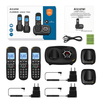 Alcatel XL595 Voice Trio cordless large button phone with THREE handsets and answering machine, extra large landline phone for home with call protection