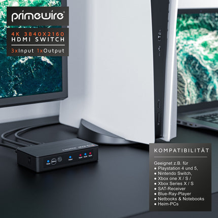 CSL - HDMI 2.0 jaotur 4k 60Hz - 3-pordiline lüliti puldiga - 2.0b Ultra HD 4096x2160 3840x2160 - HDR - 3D-valmis - HDCP - 48-bitine sügavvärv - automaatne vahetamine - toiteplokiga