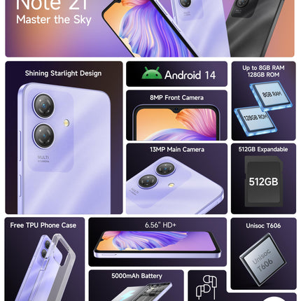 Ulefone Note 21 nutitelefon ilma lepinguta, 8GB+128GB/1TB, Android 14 mobiiltelefon soodne, 6.56" HD+ 90Hz, 5000mAh, 13MP+8MP kaamera, kahe SIM-kaardiga 4G SIM-kaardivabad mobiiltelefonid, näotuvastus/sõrmejäljetuvastus/GPS/OTG-lilla