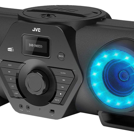 JVC Boomblaster RV-NB300DAB, 2 x 30 vatti, DAB+, FM, Bluetooth, CD, USB, liinisisend, kitarri ja mikrofoni sisend, kaugjuhtimispult