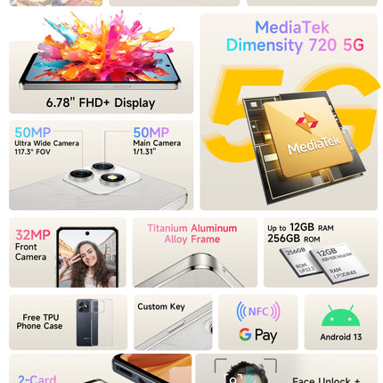 Ulefone Note 18 Ultra 5G nutitelefon lukustamata, 12GB+256GB/SD-2TB, 50MP+50MP+32MP kaamera 6.78" FHD+ 90Hz 5450mAh 18W, MTK Dimensity 720 mobiiltelefon Android 13 kahe SIM-kaardiga Face ID NFC 2-aastane garantii hall