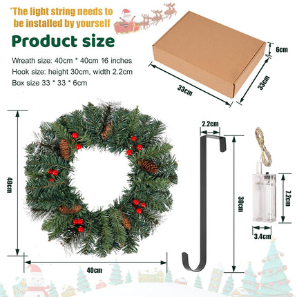 Christmas wreath Advent wreath hanging with hook, 40CM door wreath Christmas outdoor decoration with lighting, artificial Christmas wreath front door