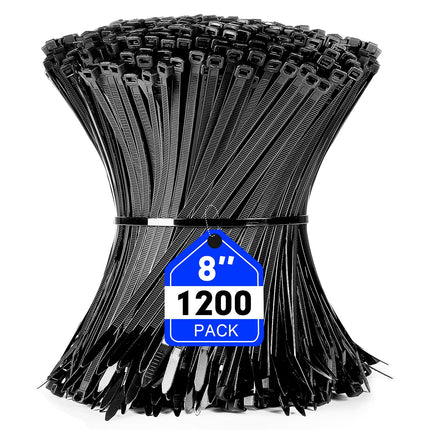 RAZCC Cable Ties, Black, 8-inch Heavy-Duty Plastic Wire Ties with 50 lb Tensile Strength, Self-Locking Black Nylon Ties for Indoor and Outdoor Use, 1200 Pack