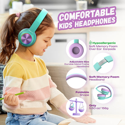 Laste Bluetooth-kõrvaklapid, PowerLocus laste juhtmevabad kõrvaklapid LED-tuledega, helitugevuse piirang 74/85/94dB, kokkupandav peakomplekt, HD-stereo, Micro SD, sisseehitatud mikrofon kooli/sülearvuti/mobiiltelefoni/teleri jaoks