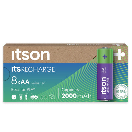 ITSON, AA rechargeable batteries, 8 pieces, capacity min. 2000 mAh, packaging 95% recycled, made in Japan, best for remote controls, flashlights, watches
