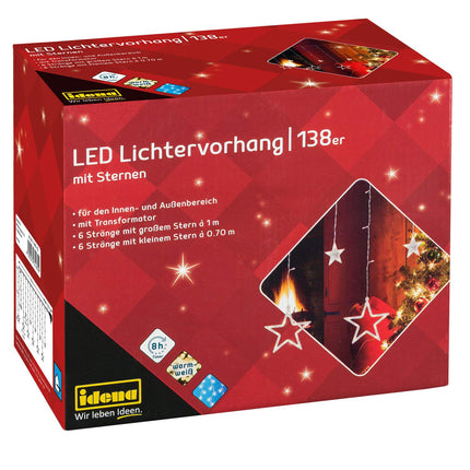 Idena 31485 - LED-valguskardin 138 sooja valge LED-iga, 8-tunnise taimerifunktsiooni ja trafoga, 12 tähekujulise juhtmega, mõõtmetega umbes 2 x 1 m, meisterdamiseks, peokaunistuseks, jõulukaunistuseks, pulmadeks