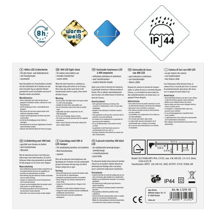 Idena 31270 - LED-valguskett jääpurika kujul 400 sooja valge LED-iga, 8-tunnise taimerifunktsiooni ja trafoga, umbes 10,27 m pikk, aia, rõdu, terrassi ja jõulude kaunistuseks