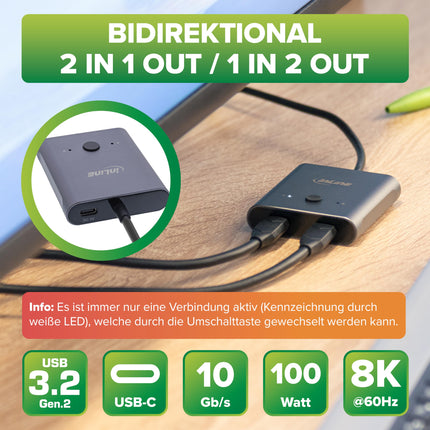 InLine USB-C lüliti, kahesuunaline (andmed ja video), 2 sisendit, 1 väljund või 1 sisend, 2 väljundit, jaotur/lüliti arvutitele, 8K@60Hz 4K@60Hz video, 10 Gb/s andmeedastus, 100W laadimine, 60603T