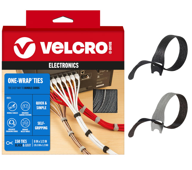 Velcro Cable Ties, Value Pack, 150 Count, Replace Cable Ties with Reusable Straps, Reduce Waste, for Cable Management and Cable Organizer, 8 x 1/2 in, Thin