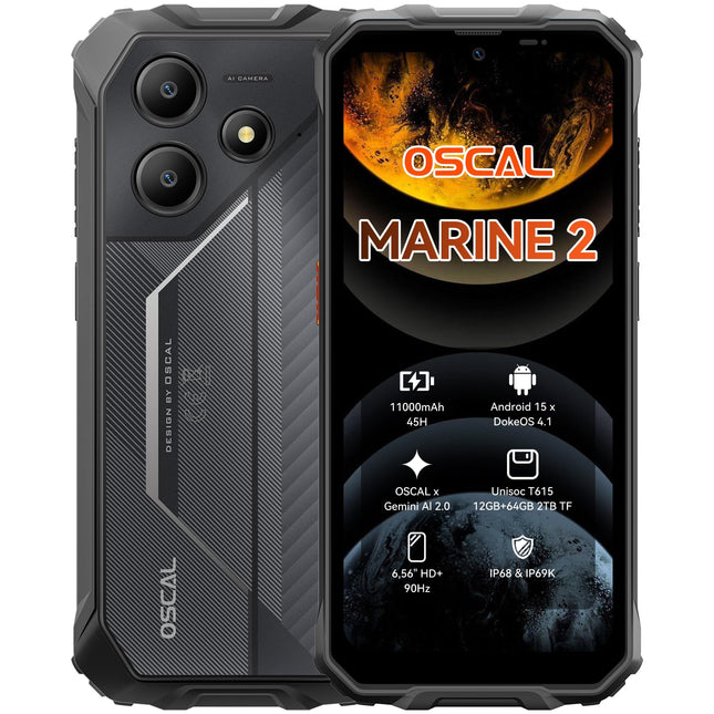 OSCAL Marine 2 lepinguta õuetelefon 2025, 11000mAh 12GB+64GB/2TB, Android 15 õuenutitelefon, 6.56" HD+ 90Hz, 16MP+8MP tehisintellektiga kaamera ehitusplatsi mobiiltelefon, IP69K veekindel, kahe SIM-kaardiga 4G/NFC/OTG/GPS
