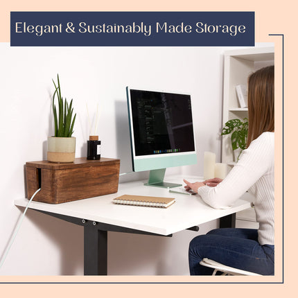 Cable Management Box &amp; Cord Organizer for Desk, Home, Office, Hides Cables, Surge Protector, Power Strip. Eco-Friendly Mango Wood Cable Management Solution (Natural)