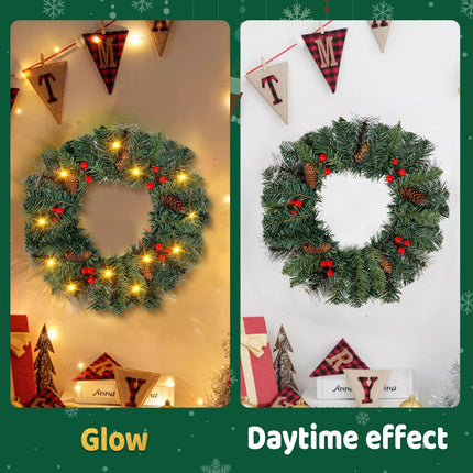 Christmas wreath Advent wreath hanging with hook, 40CM door wreath Christmas outdoor decoration with lighting, artificial Christmas wreath front door