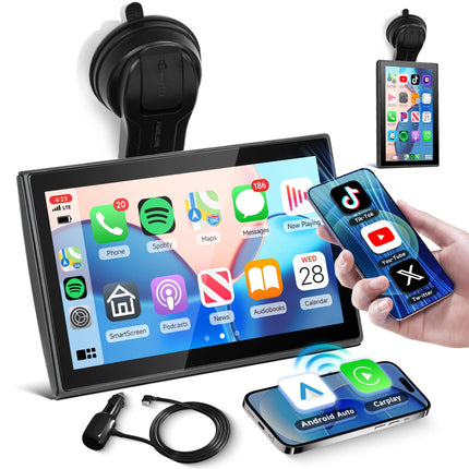 Juhtmevaba Carplay Android Auto ekraaniga kaasaskantav autoraadio Super Link Videoga, 7-tolline pööratav puutetundlik ekraan, kaasaskantav autoraadio YouTube'i/Airplay/Android Casti/Bluetoothi/FM-saatja/hääljuhtimise/TF/AUX-iga