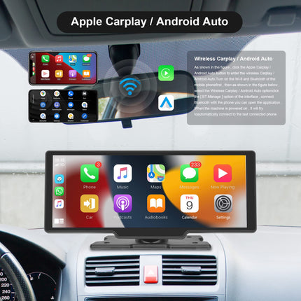 Wireless Apple Carplay Android Auto Portable Car Radio with Rear View Camera 64G TF Card, 10.26 Inch Touchscreen Portable Car Radio with Airplay/Android Cast/Dual Bluetooth/FM Transmitter/Voice Control/AUX