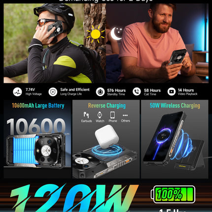 Ulefone Armor 28 Pro välistingimustes kasutatav mobiiltelefon 5G tehisintellektiga nutitelefon 32GB+512GB/SD-2TB, 6.67" FHD+ 120Hz AMOLED+1.04" alamekraan 10600mAh 120W 50MP + 50MP + 50MP + 64MP öönägemine Android 14/3 pesa/OTG/NFC must