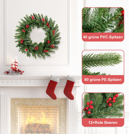 Christmas wreath for the front door with 12 red berries, 120 pine leaf tips, artificial Christmas garland made of PVC+PE, hanging wreath, Christmas decoration for indoor outdoor window fireplace wall