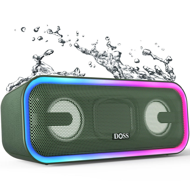 DOSS SoundBox Pro+ Bluetooth-kõlar, 24 W stereoheli, lisabass, 15-tunnine aku, IPX6 veekindel, värviline valgusshow, stereo sidumine, Bluetooth-muusikakarp telefonile, õues, rannas, kodus - roheline