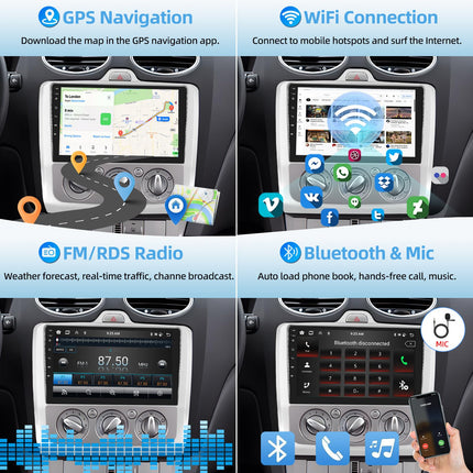 Podofo autoraadio Ford Focusele 2004 2005 2006 2007 2008 2009 2010 2011 koos juhtmevaba Carplayga, Android Auto 2+64G, 9-tolline Android 13 raadio, IPS-ekraan, Bluetooth 5.0, WiFi, GPS, RDS + mikrofon