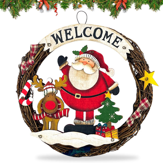 Christmas wreath woven, door wreath Welcome for Christmas, door sign Merry Christmas made of wood for door, window or wall, 24 cm