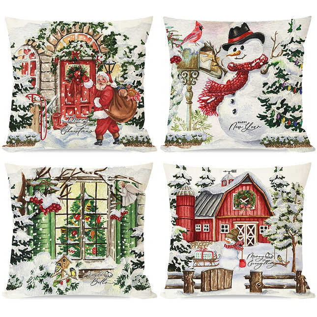 PANDICORN Watercolor Christmas Throw Pillow Covers 18 x 18 Inch Set of 4 Home Decor Vintage Christmas Trees Santa Claus Snowman Rustic Country Farmhouse Decor for Sofa Couch