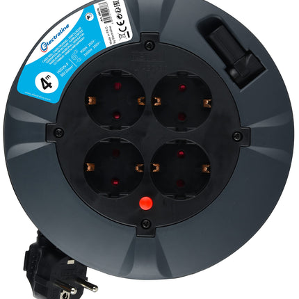 Electraline 49076, Kaablirull 4-suunaline 4M kaabel IP20 Siseruumidesse/Kaablirull 4 Schuko pistikupesaga/Kaablikarp pikenduskaabliga/Kaablirull vändaga, must