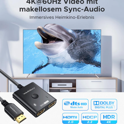 HDMI-lüliti 4K@60Hz, WARRKY HDMI-jaotur 2 sisendit 1 väljund (1 ekraan korraga)【3,3 jala punutud kaabel, alumiiniumkorpus, HDCP 2.2】 2-1-lüliti toetab UHD-d PS5/4 jaoks - must