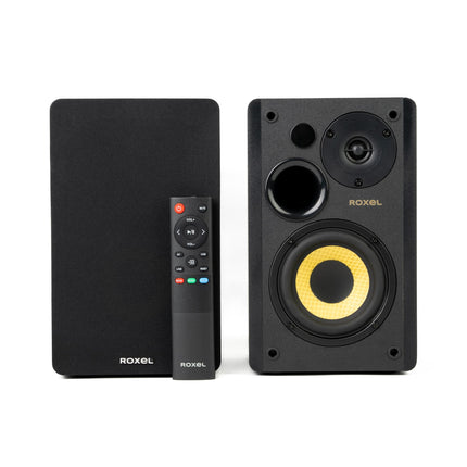 Roxel Soleil aktiivsed riiulikõlarid HiFi-le, subwooferi väljund, 2.0 stereoheli, juhtmevaba BT 5.3, optiline, RCA, USB, HDMI (ARC), sisseehitatud võimendi, reguleeritavad bassid/kõrged sagedused, 3-meetrine kõlarikaabel
