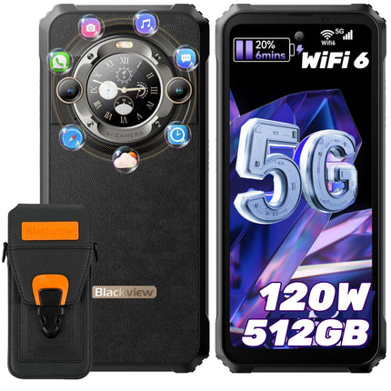 Blackview BL9000 5G Outdoor Mobile Phone, 24GB/512GB, 8800mAh/120W Android Outdoor Smartphone Without Contract, 6.78'' FHD+1.32'' Back Display, 50MP+50MP Camera, WiFi 6, NFC/GPS/IP69K